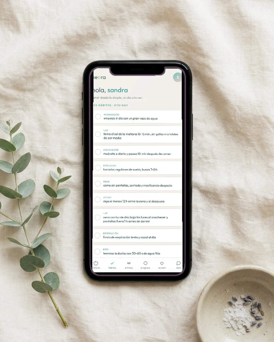 Pantalla de nutrición de la app de neora